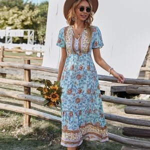Boho Gypsy Sisters Floral Midi Dress - Sky Blue and Amber